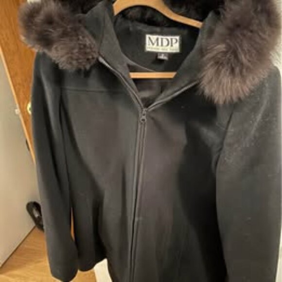 MDP Women’s size medium black wool coat with fox fur hood - Picture 1 of 4